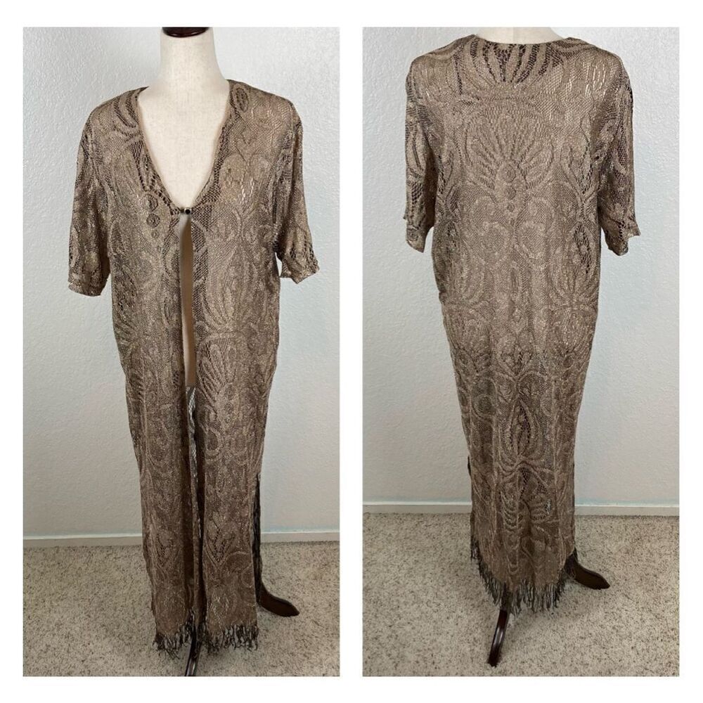 Vintage gold lace crochet short sleeve BoHo art deco fringe maxi long kimono 20*